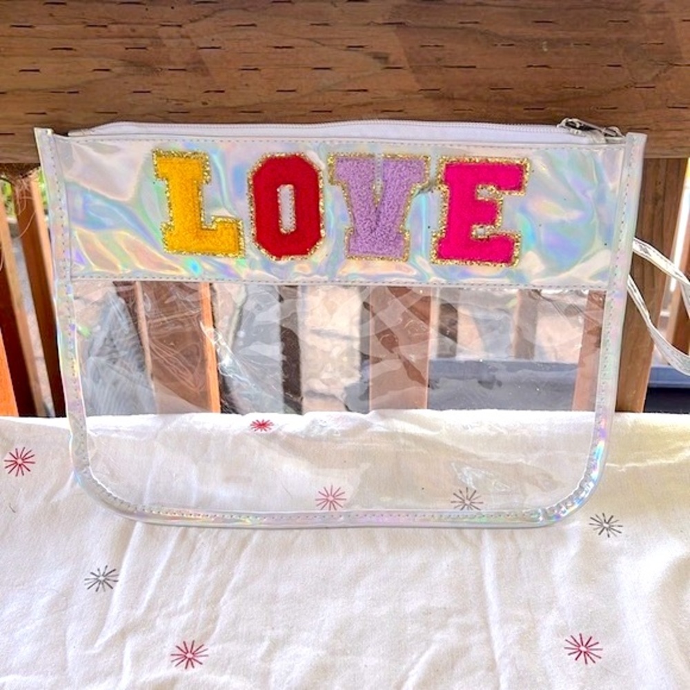 Silver Iridescent Varsity Letter LOVE Nylon Clear Bag Wristlet
